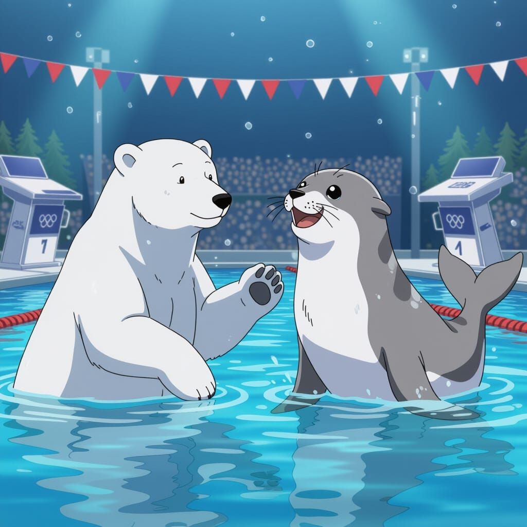 Polar Bear and Seal Olympic Swimming Rivals in Anime Style