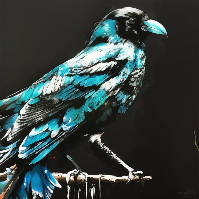 Badass Crow Portrait in Hyperdetailed Gouache Illustration