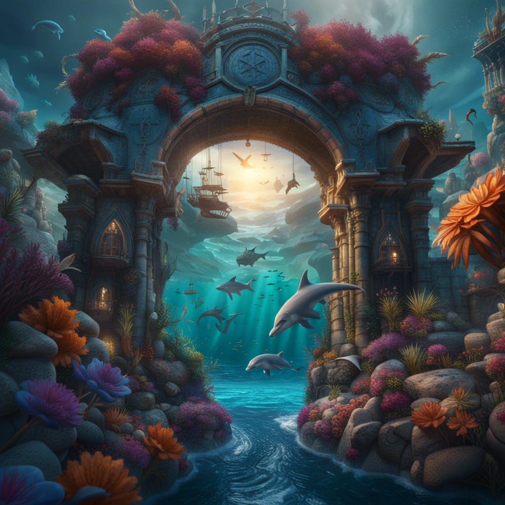 Fantasy Mermaid and Dolphins in Enclosed World