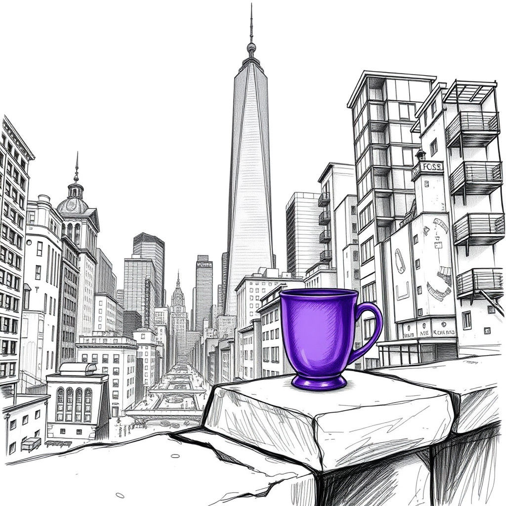 Skyscraper and Purple Cup: Detailed Pencil Sketch
