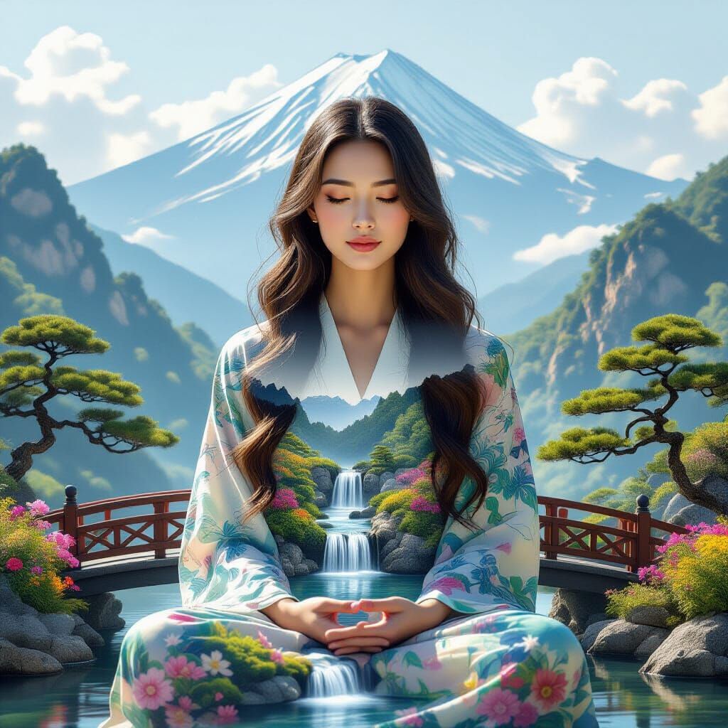 Peaceful Double Exposure Portrait with Zen Garden