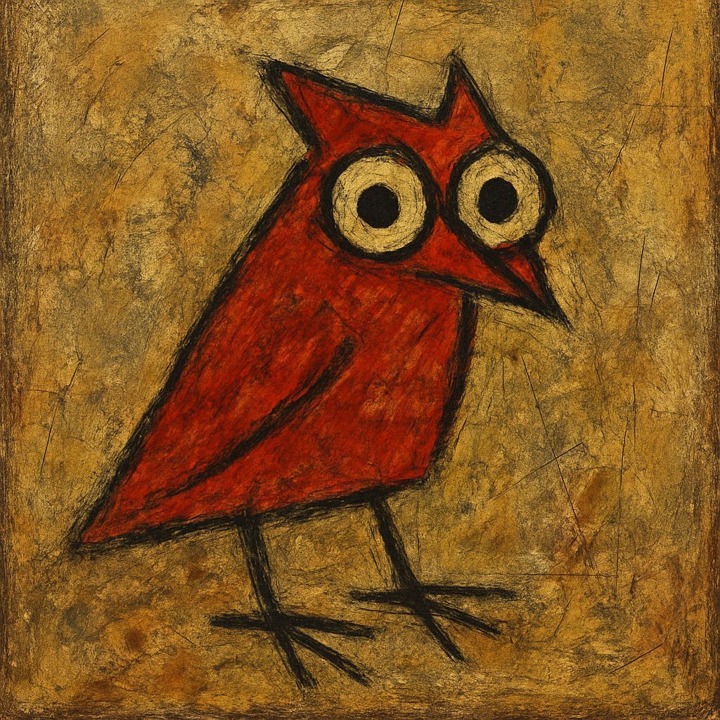 Primitive Expressionist Red Bird Painting