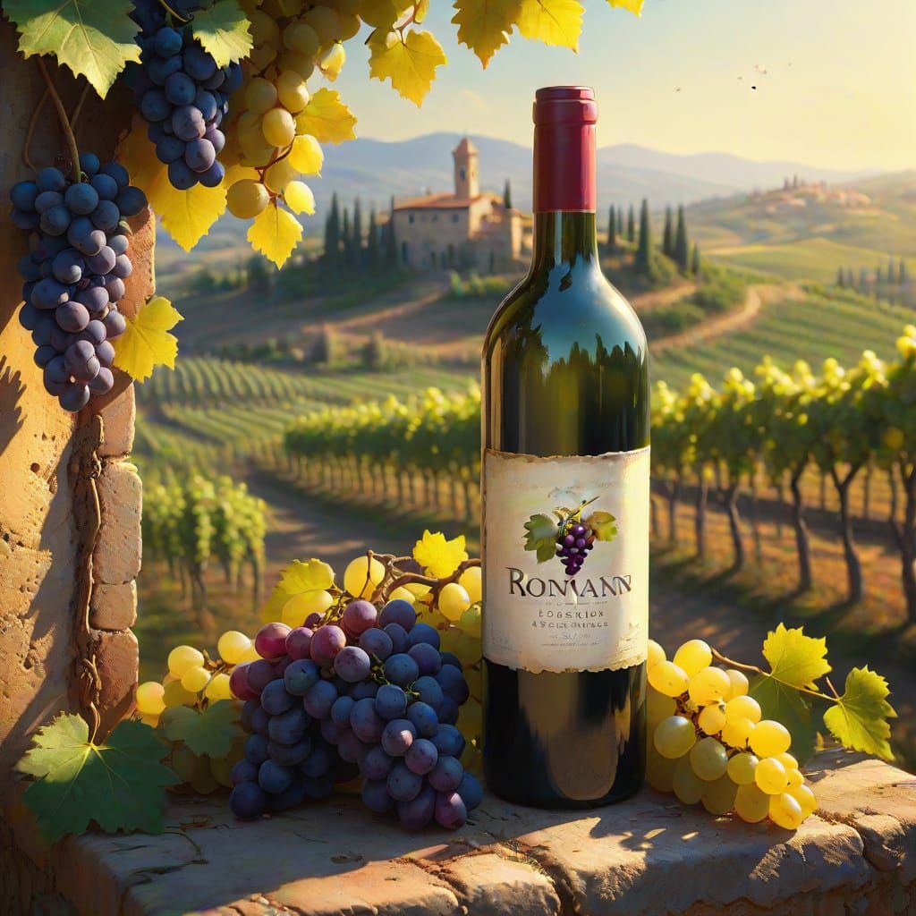 Tuscan Vineyard Wine Bottle: Fantasy Oil Painting