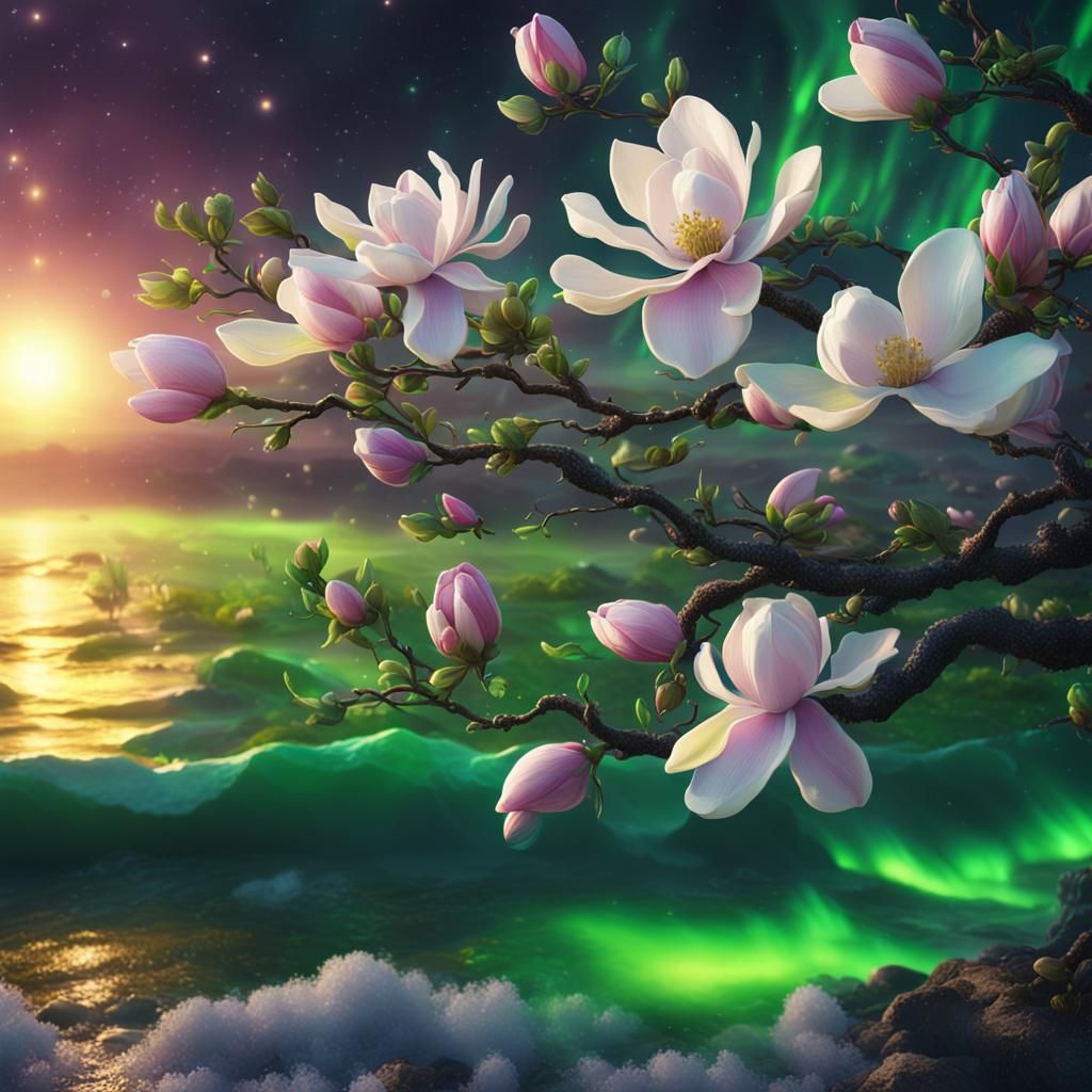 Macro Magnolias and Aurora Borealis in Detailed Painting