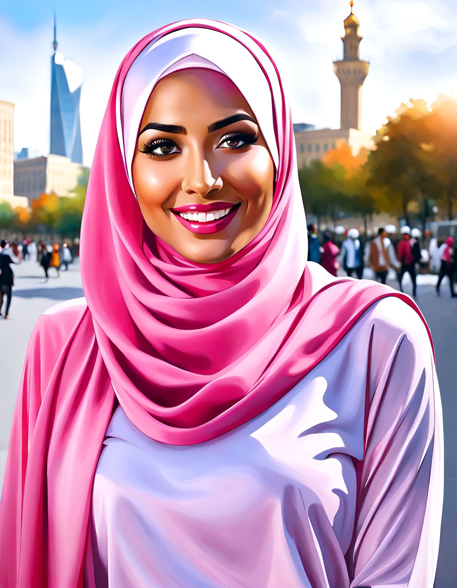 Elegant Hijabi Woman Smiling in Pink: Oil Painting