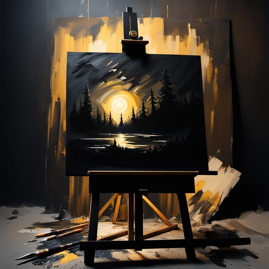 Abstract Black and Gold Painting with Volumetric Lighting