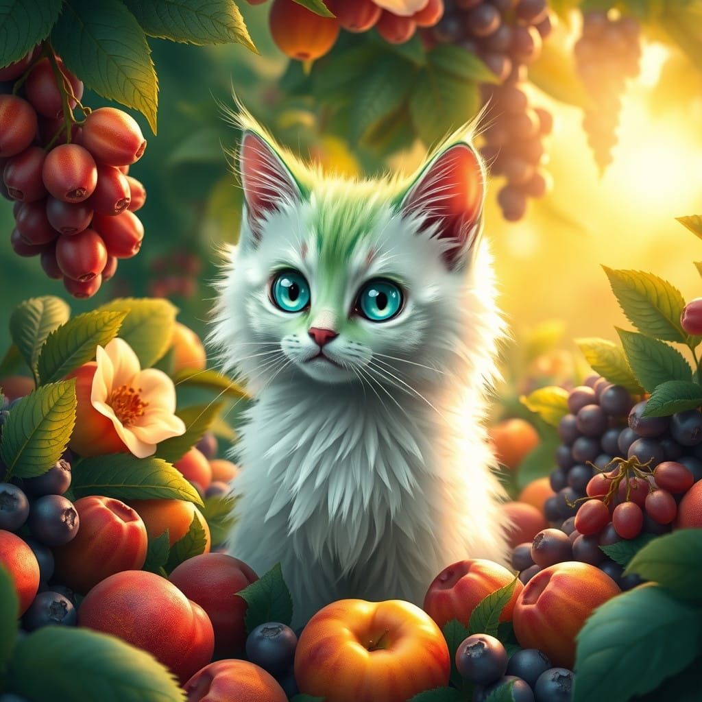Whimsical Fantasy Cat Surrounded by Vibrant Fruits