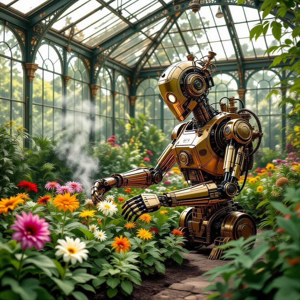 Steampunk Automaton in Victorian Greenhouse