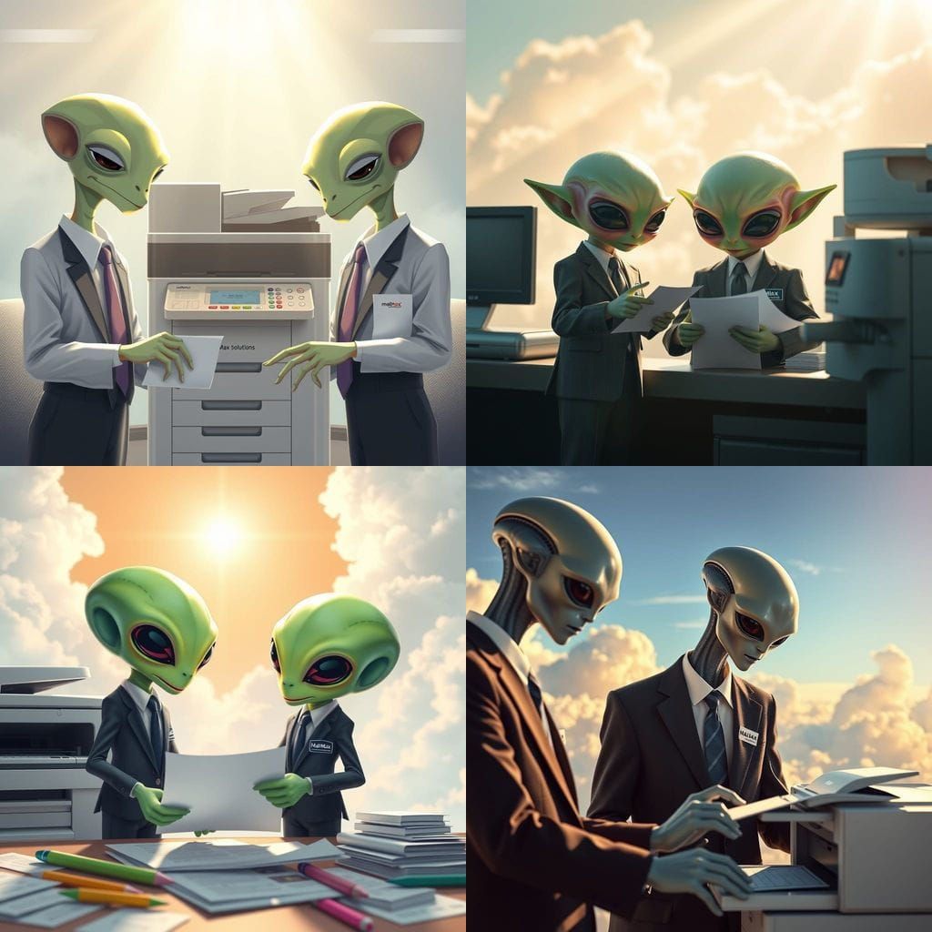 Cute Business Aliens in Suits Present to Printer