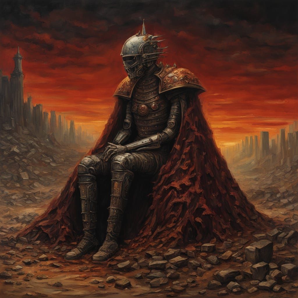 Macabre Queen Embraces Rubbish in Eerie Dystopian Oil Painti...