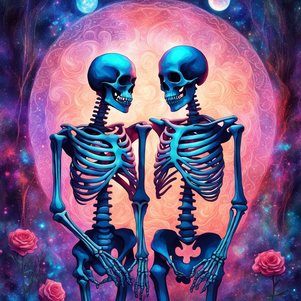Romantic Skeleton Couple in Astral Holographic Illustration