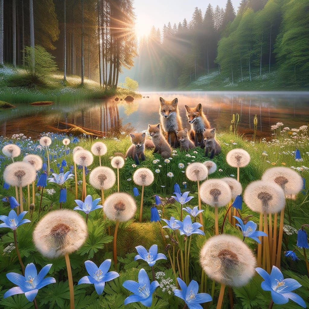 Peaceful Morning Scene in a Forest Lake with Red Fox Family ...