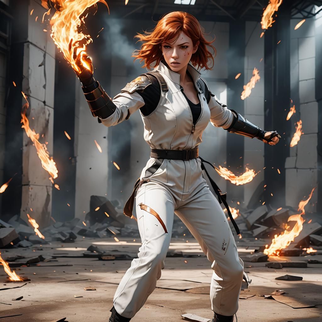 Anime Woman with Flaming Fists in Battle Arena