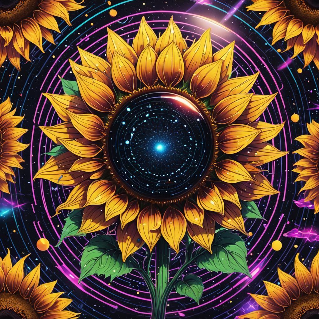 Sunflower in Cosmic Glass Shield: Synthwave Neon Retro