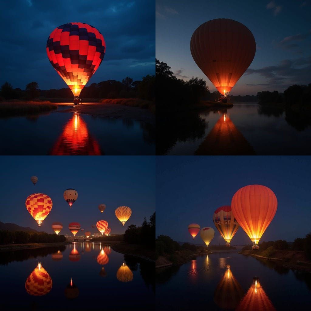 Vibrant Hot Air Balloons Over Serene River Waters at Night