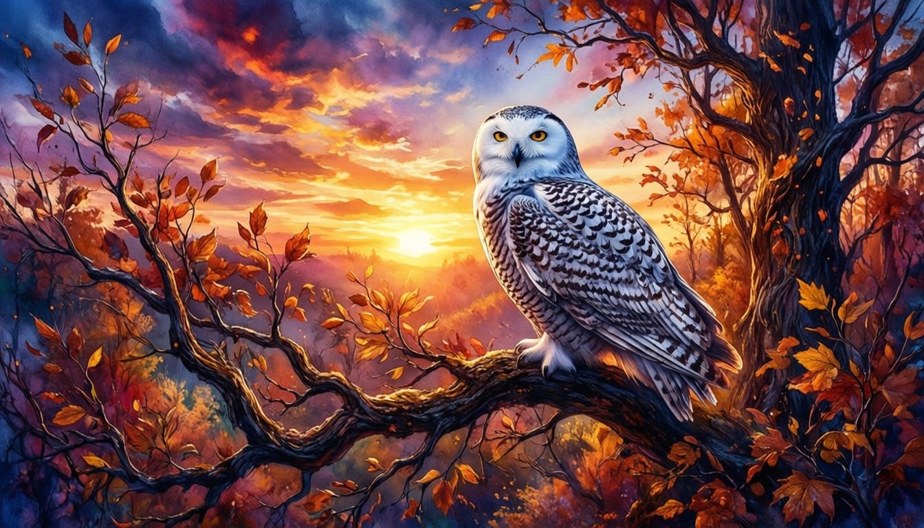 Snowy Owl on Autumn Branch Watercolor Illustration
