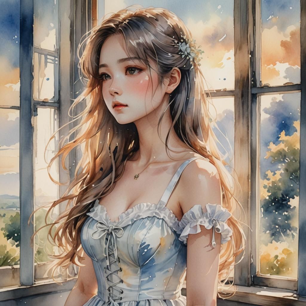 Watercolor Anime Portrait of Woman in White Dress
