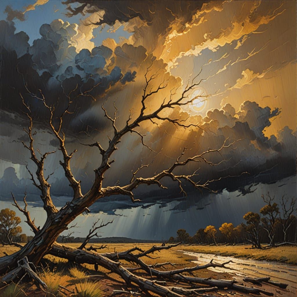 Dramatic Branch Breaks in Storm, Impressionist Oil Painting
