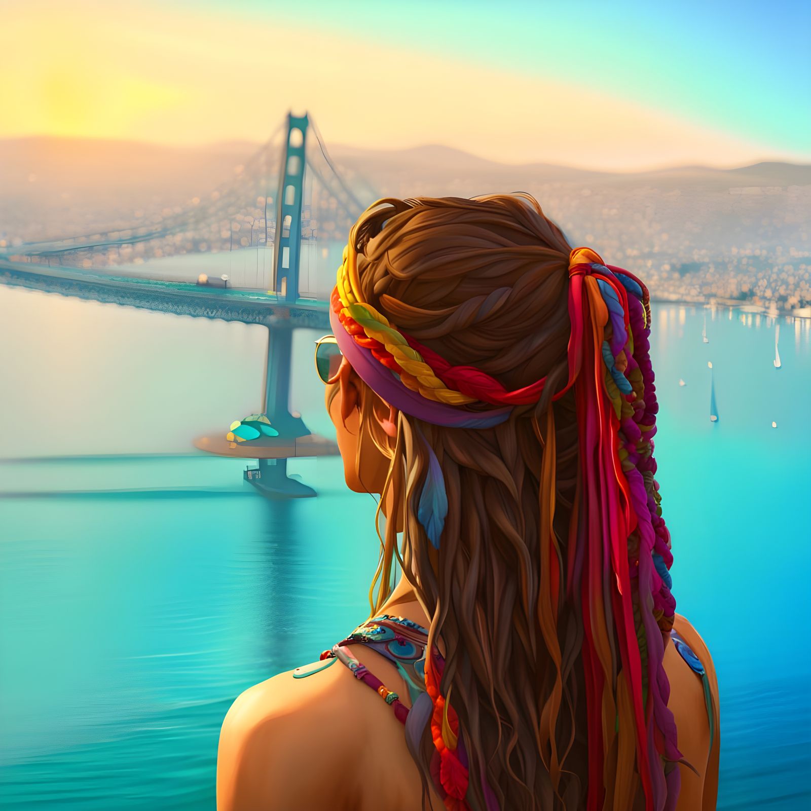 Hippie Woman Overlooking San Francisco: 3D Digital Art