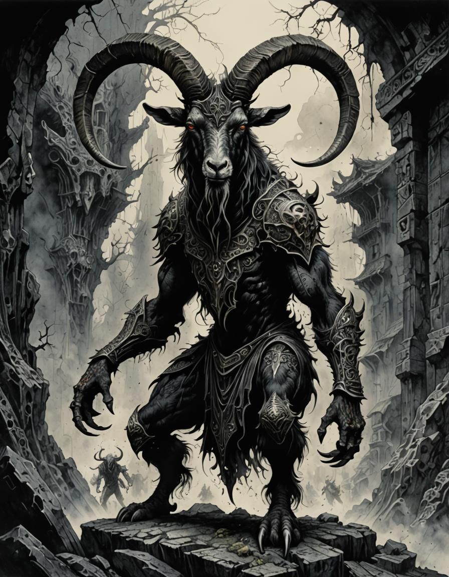 Eerie Goat-Man Creature in Dark Fantasy Ink Drawing
