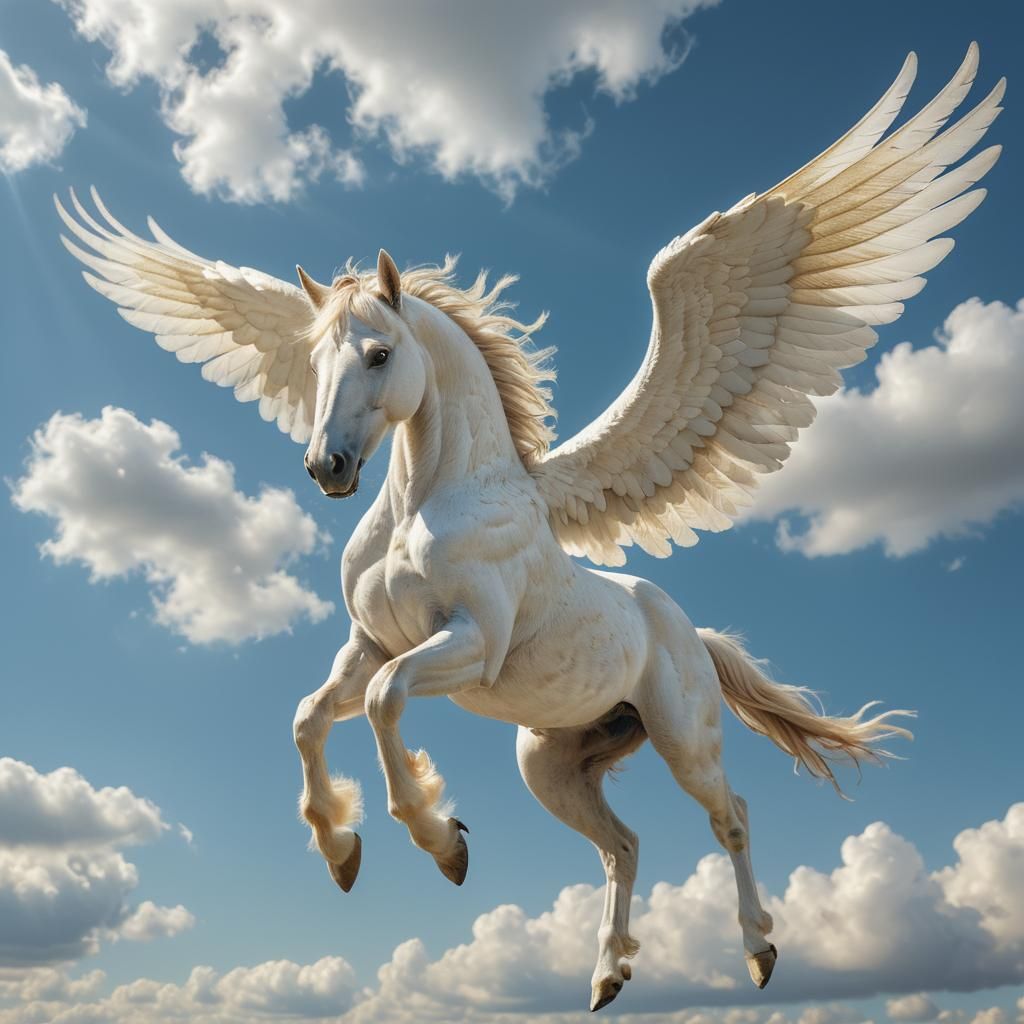 Gilded Pegasus in Flight over a Blue Sky