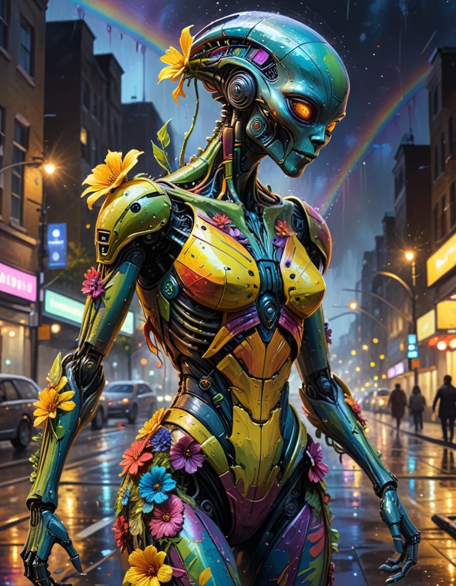 Alien in Rainbow Dress Offers Flowers to Robot in Night City
