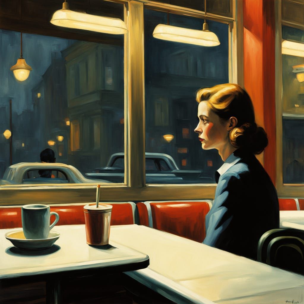 Surrealist American Realism Oil Painting of a Woman in a Din...