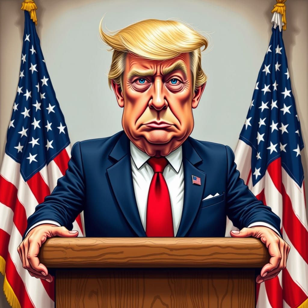 Comedic Caricature of Donald Trump at Podium