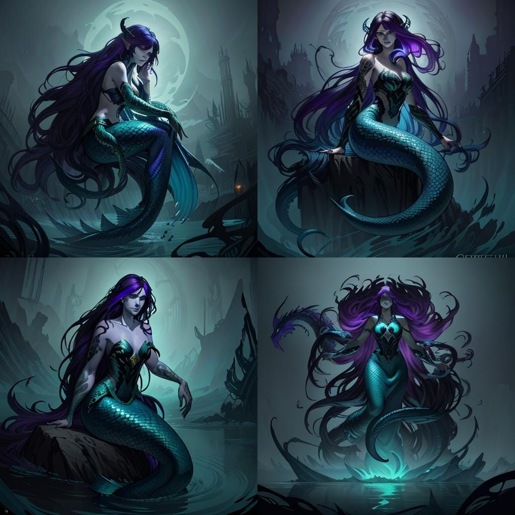Creepy Underwater Siren with Serpent Tail in Dark Fantasy St...