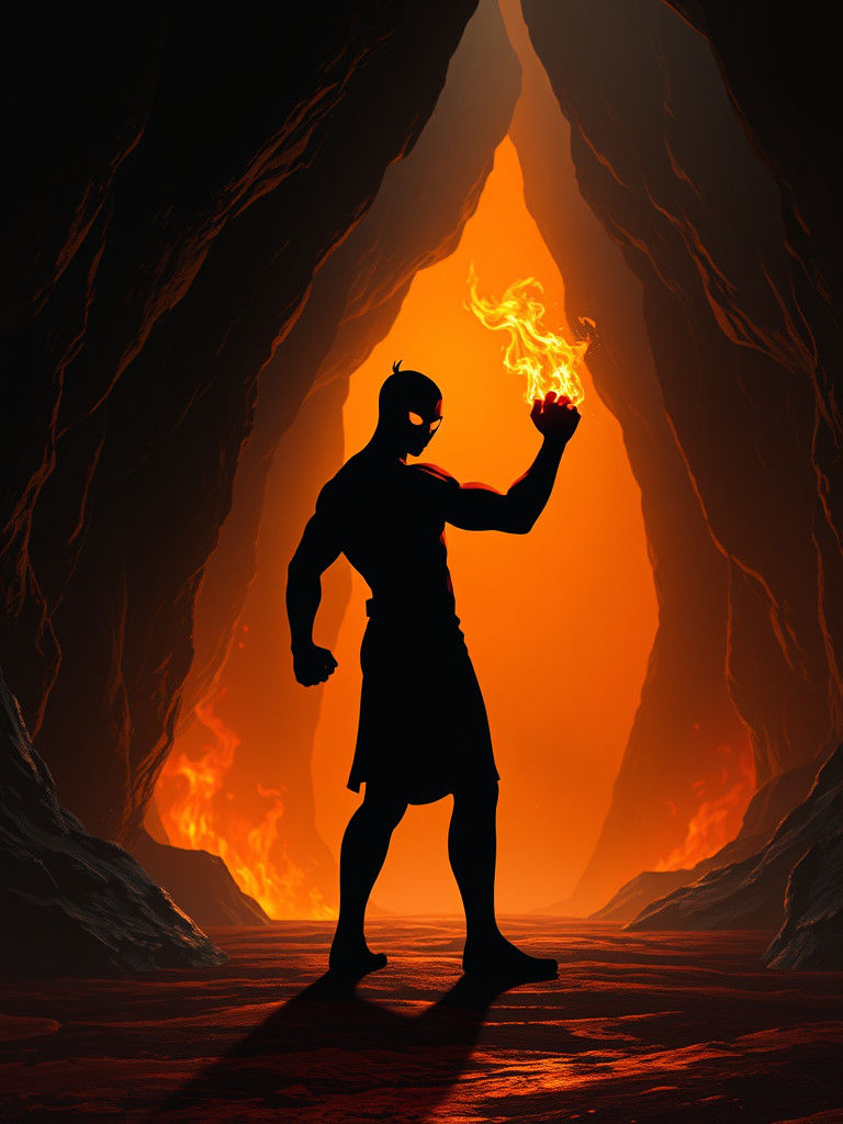 Fiery Silhouette in Obsidian Cave: Street Art Style