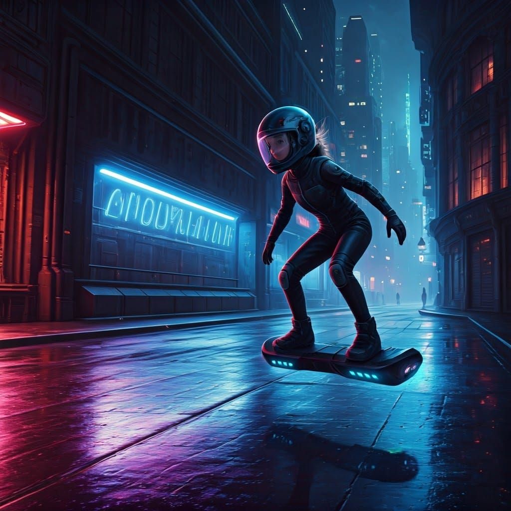 Girl on Hoverboard in Futuristic Cityscape