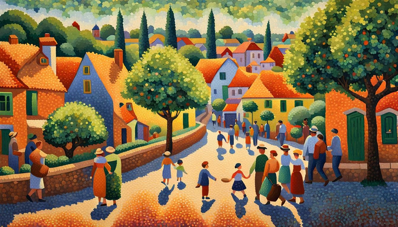 Vibrant Pointillist Village Scene in Neo-Impressionism Style