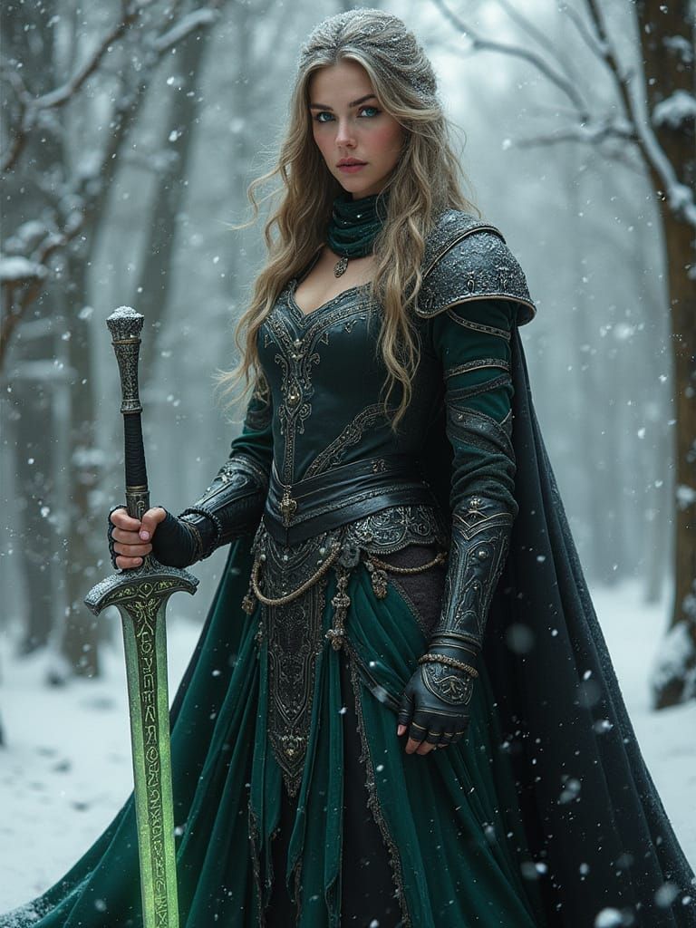 Regal Warrior Queen in Snowy Forest with Glowing Sword