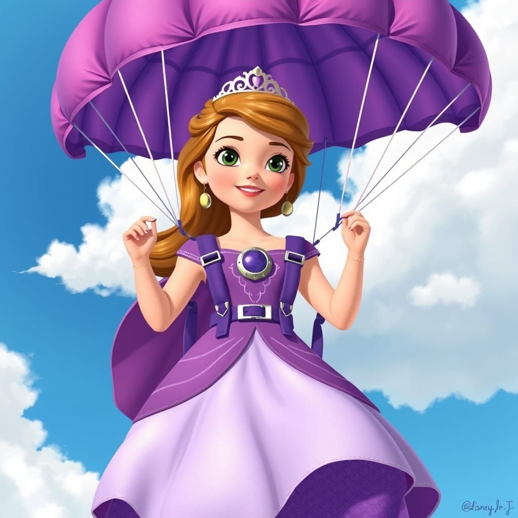 Princess Sofia Skydiving in Whimsical Disney Style