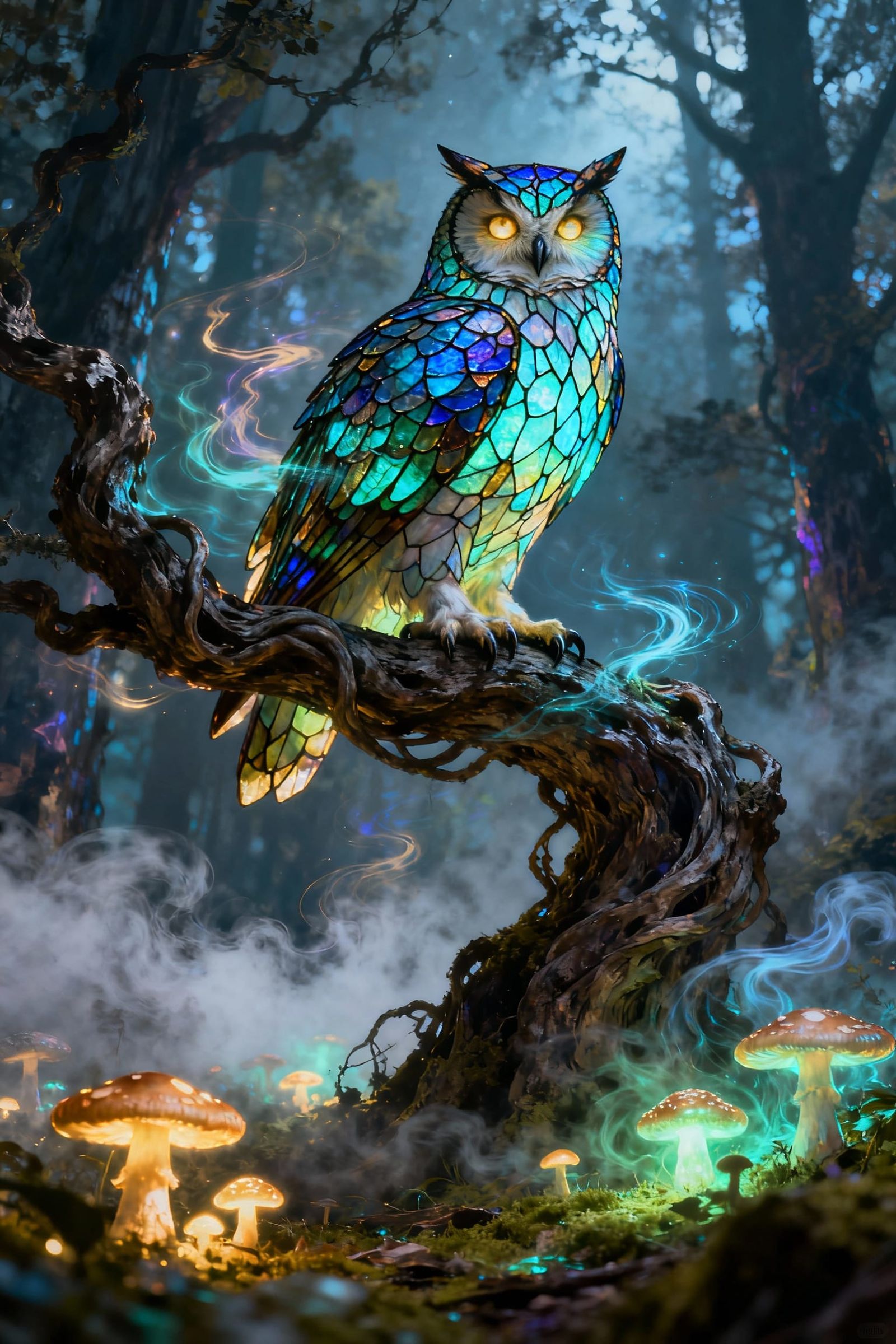 Majestic Bioluminescent Owl in Magical Forest