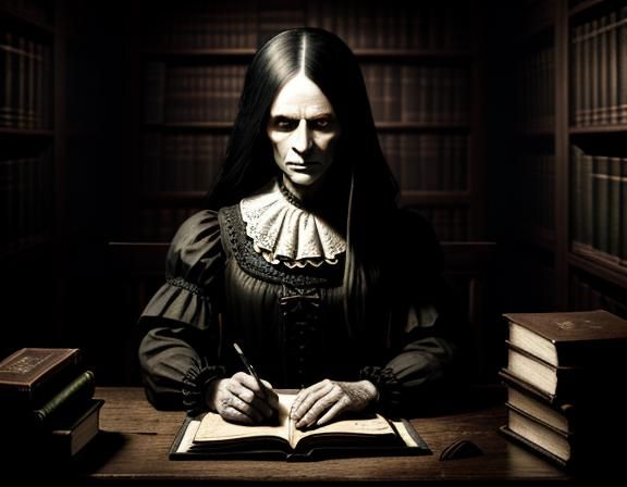 Gothic Portrait of Woman in Dimly Lit Library