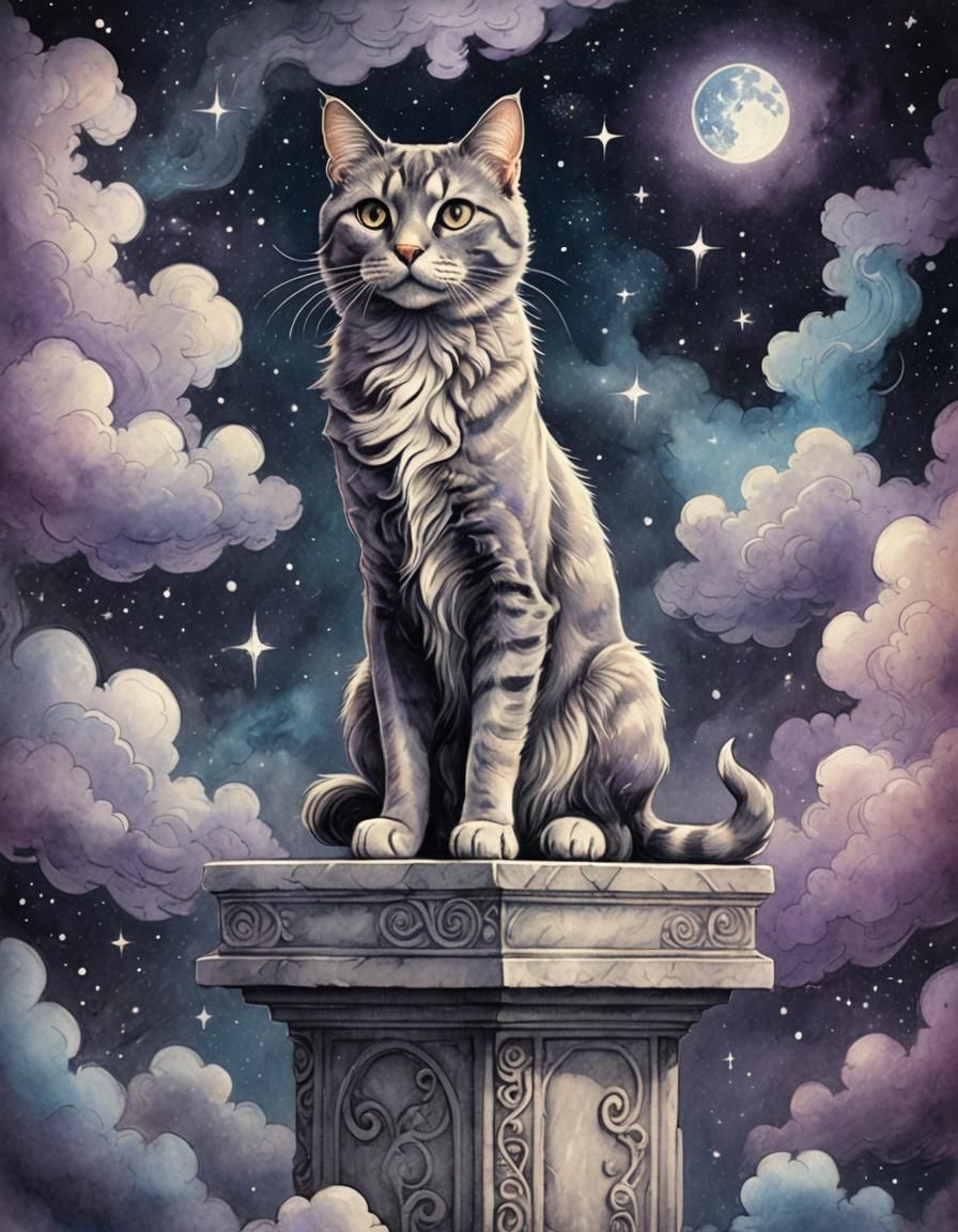 Mystical Cat-Dog on Pedestal in Dreamy Chalk Art