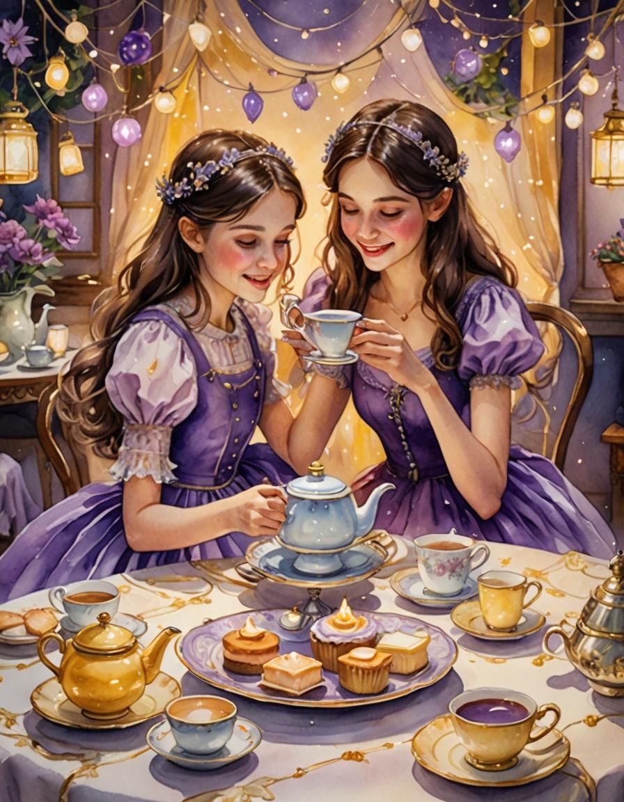 Enchanted Tea Party: Whimsical Watercolor in Disney Style