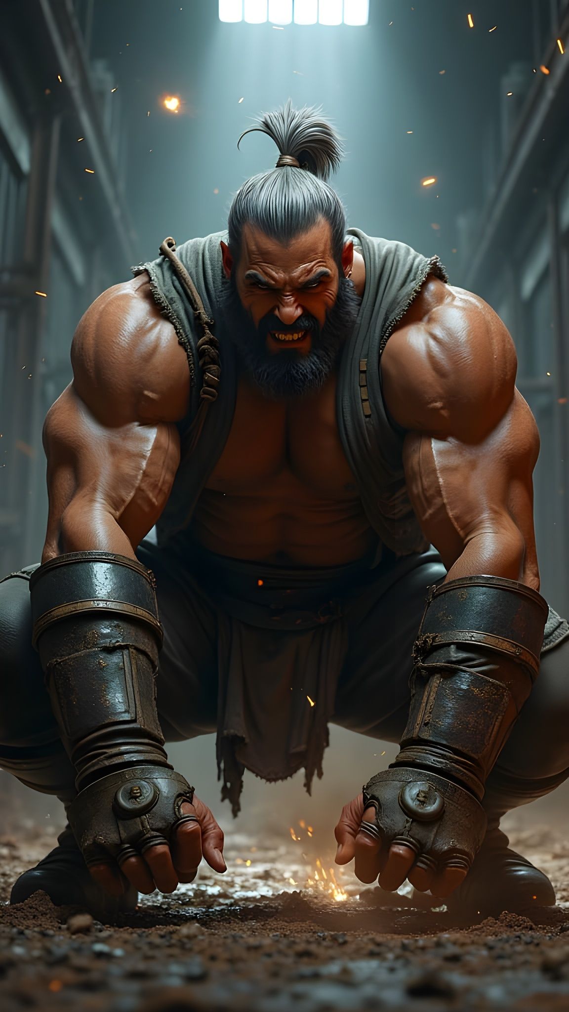 Colossal Warrior Crouched in Dim Industrial Chamber