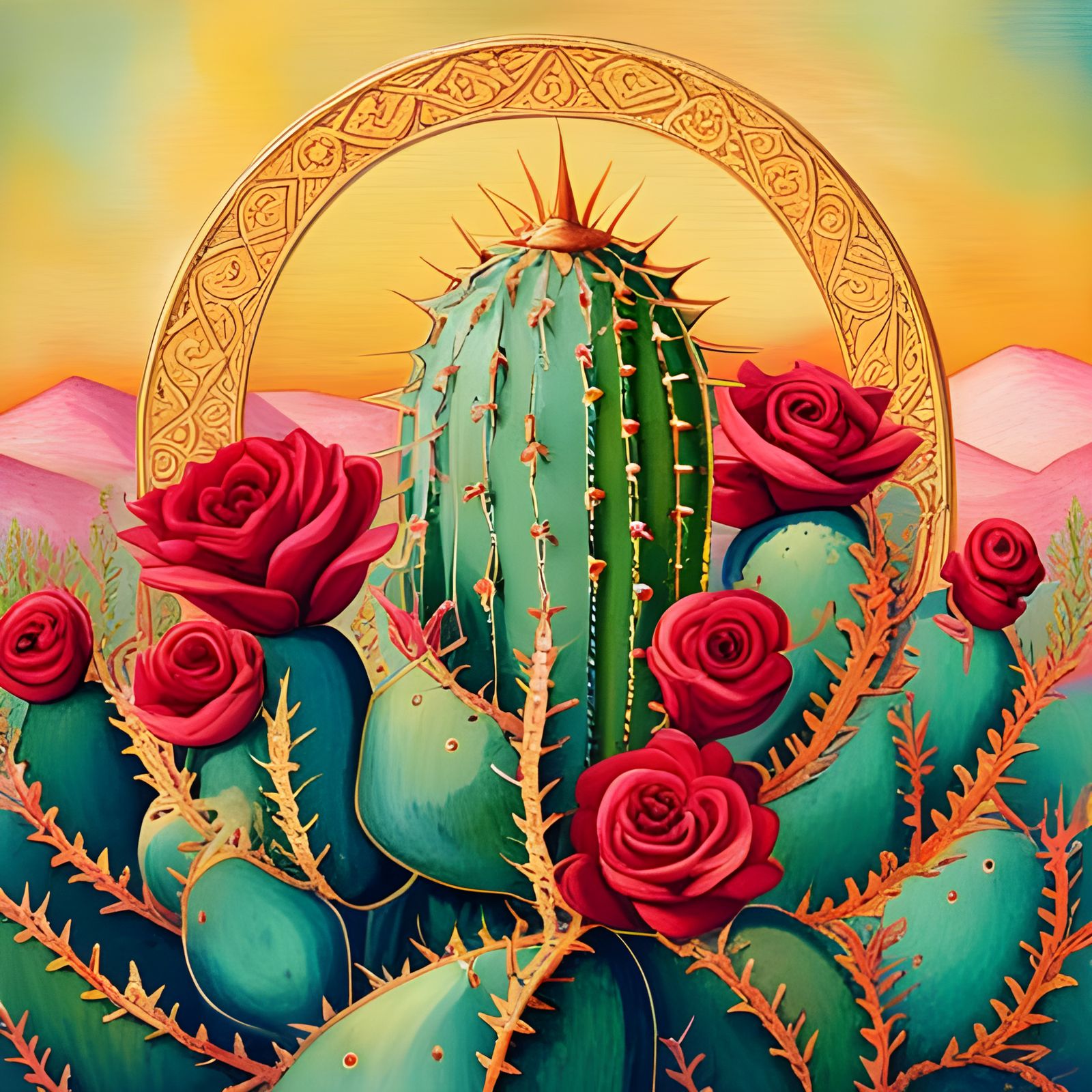 Ornate Cactus with Roses and Thorns: A Masterpiece