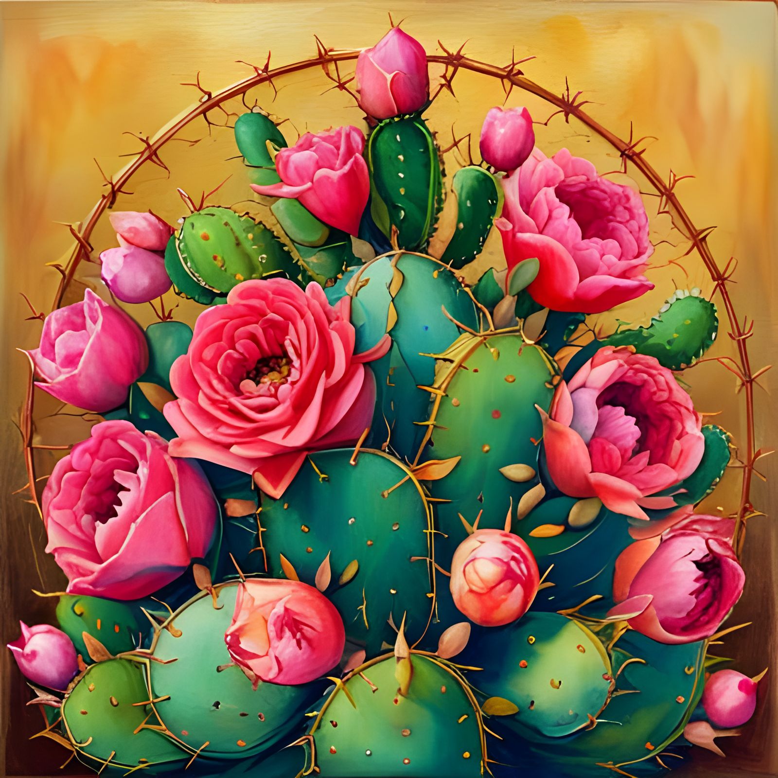 Ornate Cactus with Thorns and Roses