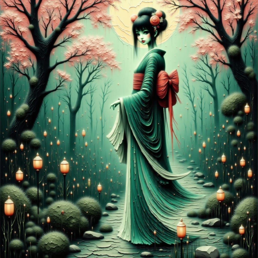 Ethereal Geisha in Moonlit Cherry Garden