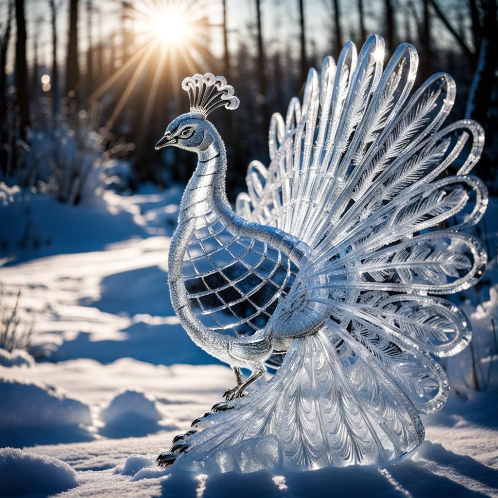 Ice Peacock Sculpture in Winter Landscape