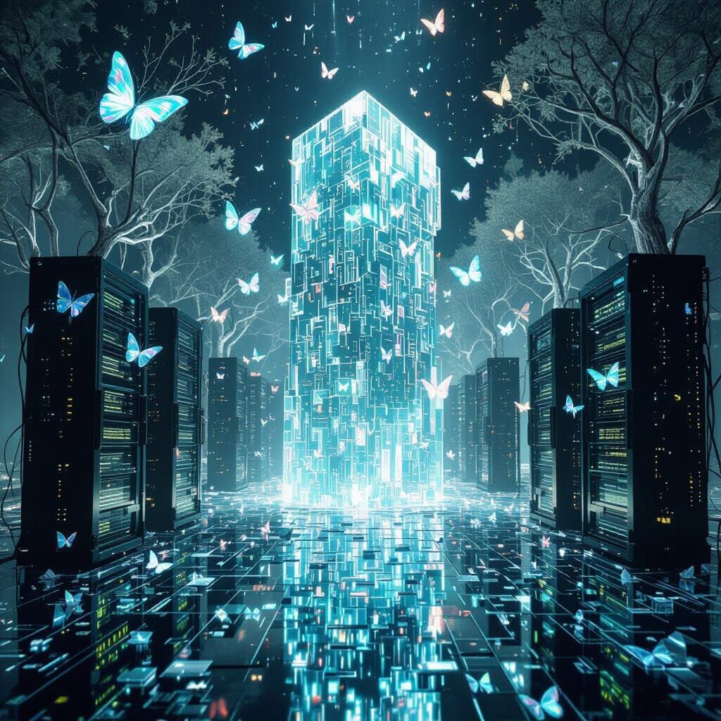 Surreal Dreamscape of Crystalline Trees and Data Monolith