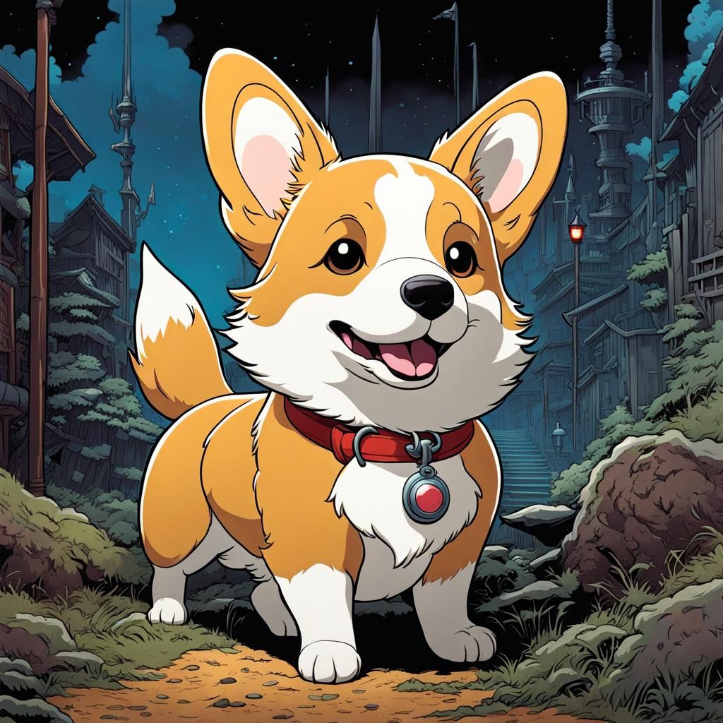 Chibi Corgi in Horror Atmosphere, Ghibli Splash Art