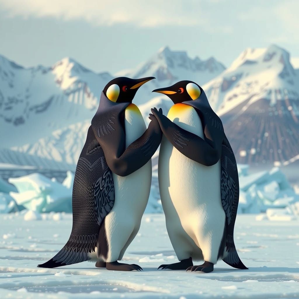 Anime-Inspired Penguin Couple Stands on Glacier