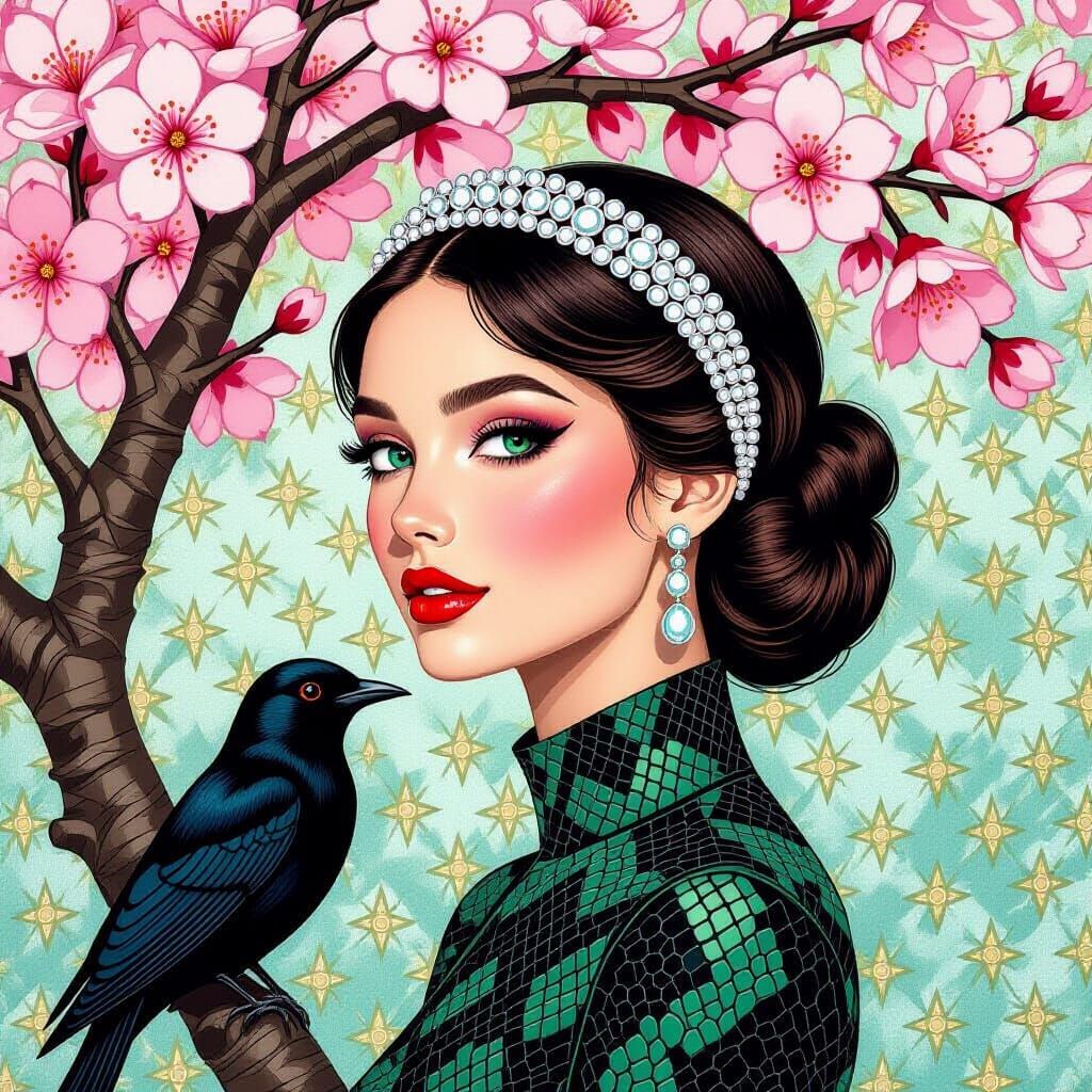 Woman in Flowery Headband: Detailed Pencil Art