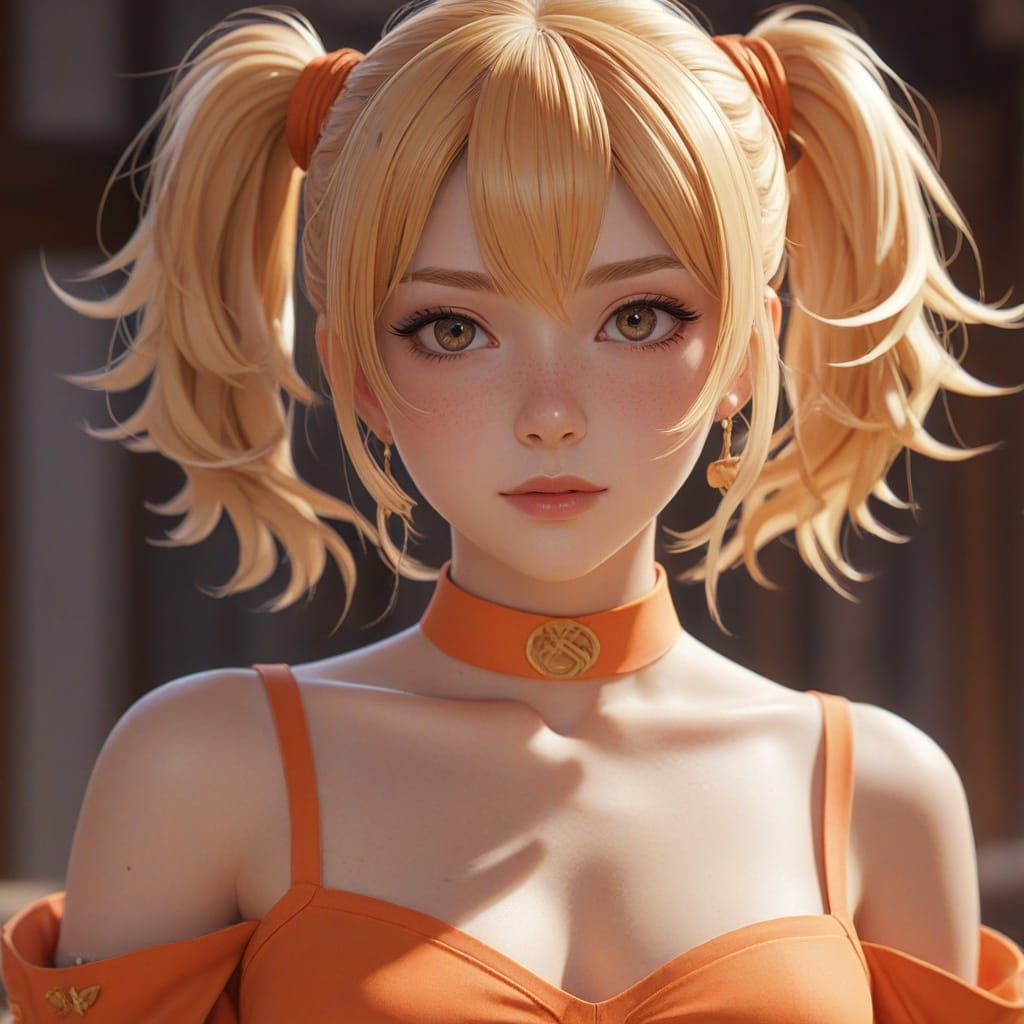Anime Woman in Orange Dress: 3D Digital Art