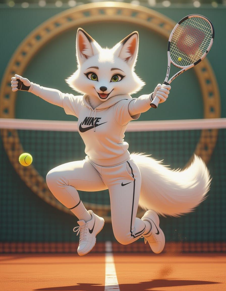 Heroic Fox in Tennis Championship, Mixed Media Painting
