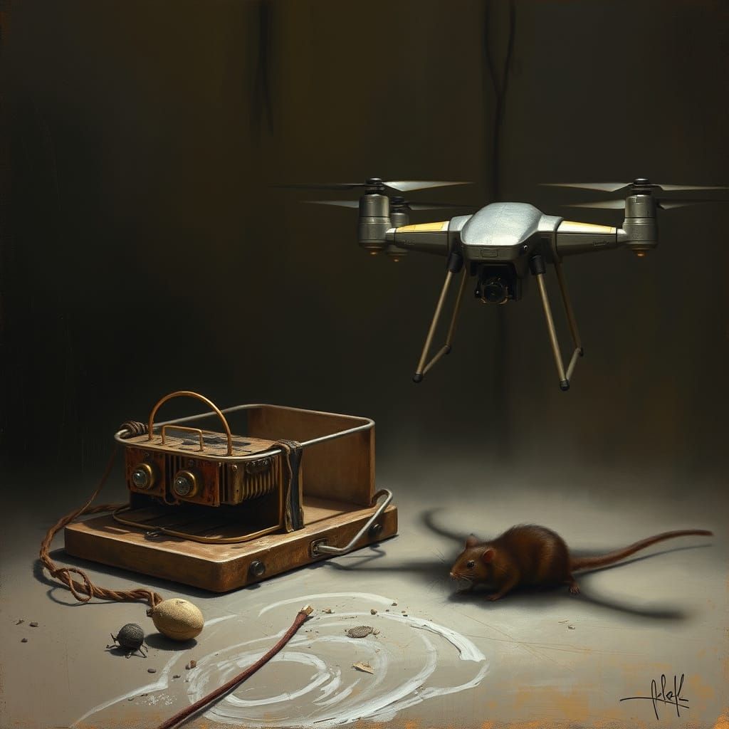 Vintage Mouse Trap Meets Futuristic Drone in Oil Painting St...